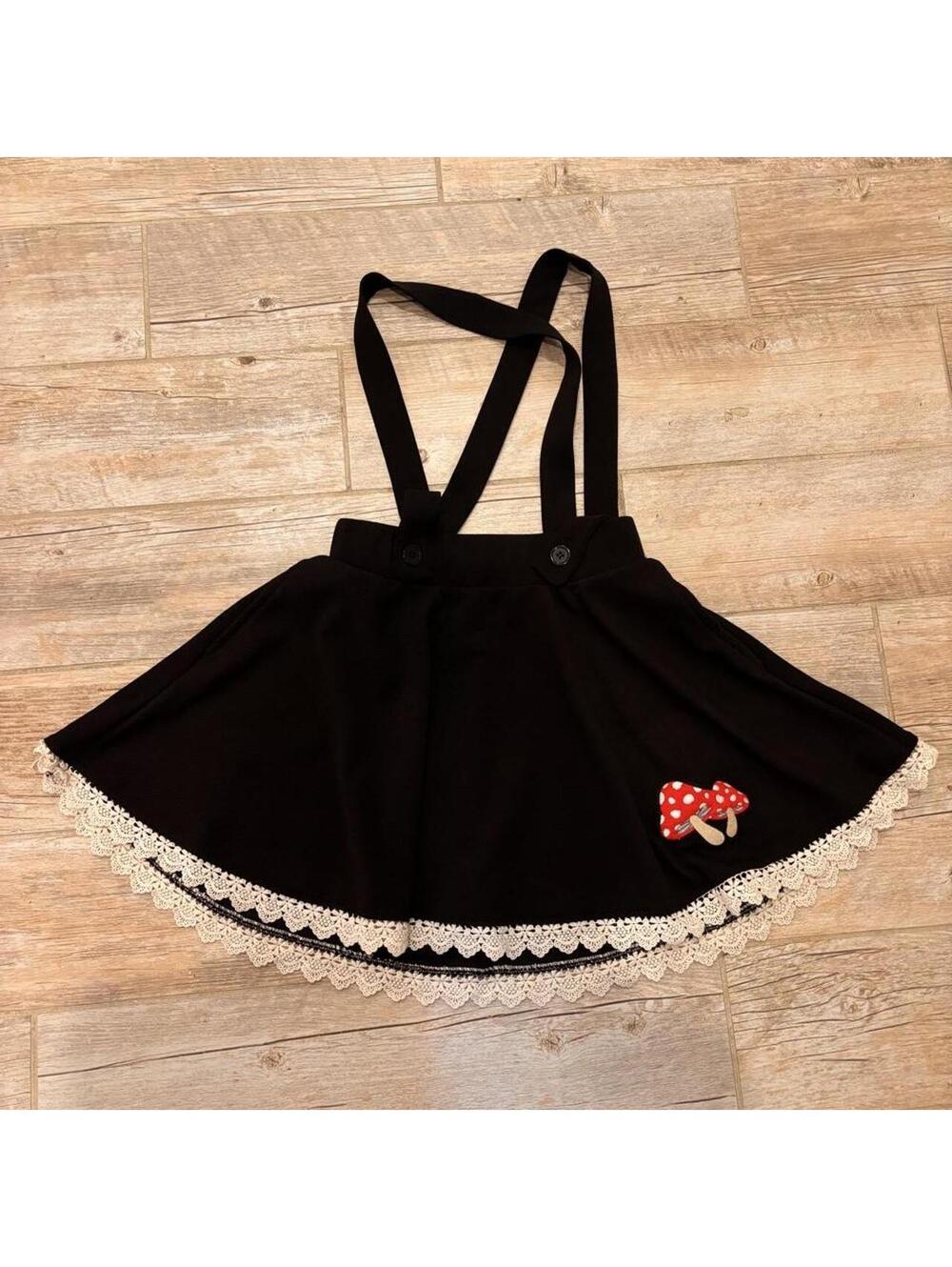 Midnight Hour Mushroom Suspender Skirt | Black Lace Trim | Small